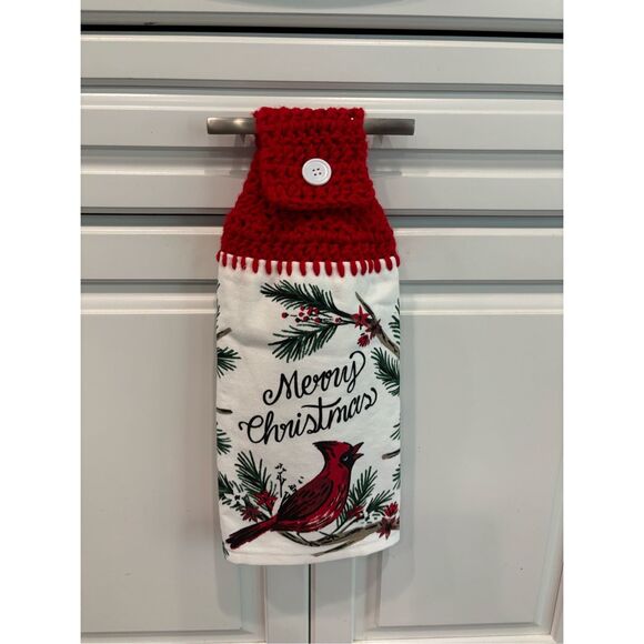 Crochet Top Kitchen Towel-Merry X-mas- red bird - Picture 1 of 2